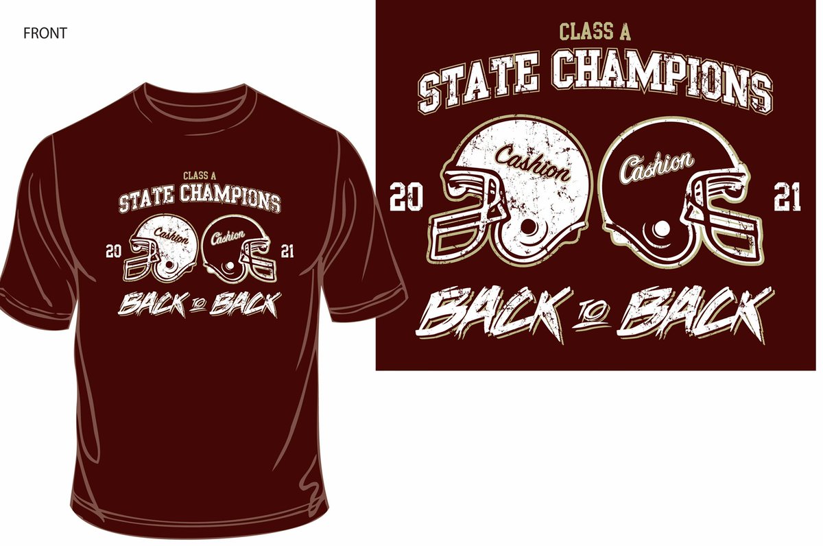 The 2021 state champ shirts are now for sale. ALL proceeds will go towards the purchase of rings. T-Shirts- $20
Long Sleeve T-Shirts - $25
Hoodies- $45 
If you are interested please contact Coach Cochran by text or email. 
ccochran@cashionps.org 
405-202-1400 
Due date- 1/3/2022