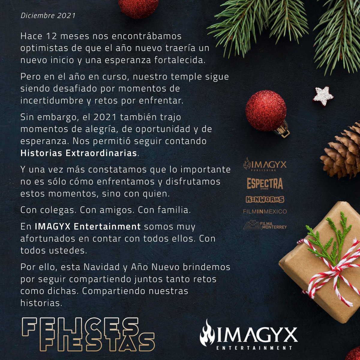 FilmInMexico's tweet photo. Happy Holidays and Best Wishes from all of us at Film in Mexico and IMAGYX Entertainment. 🥂🎄⛄️
#FelicesFiestas #FelizNavidad #FelizAñoNuevo #HappyHolidays #MerryChristmas #HappyNewYear https://t.co/wTjL1ixVFU