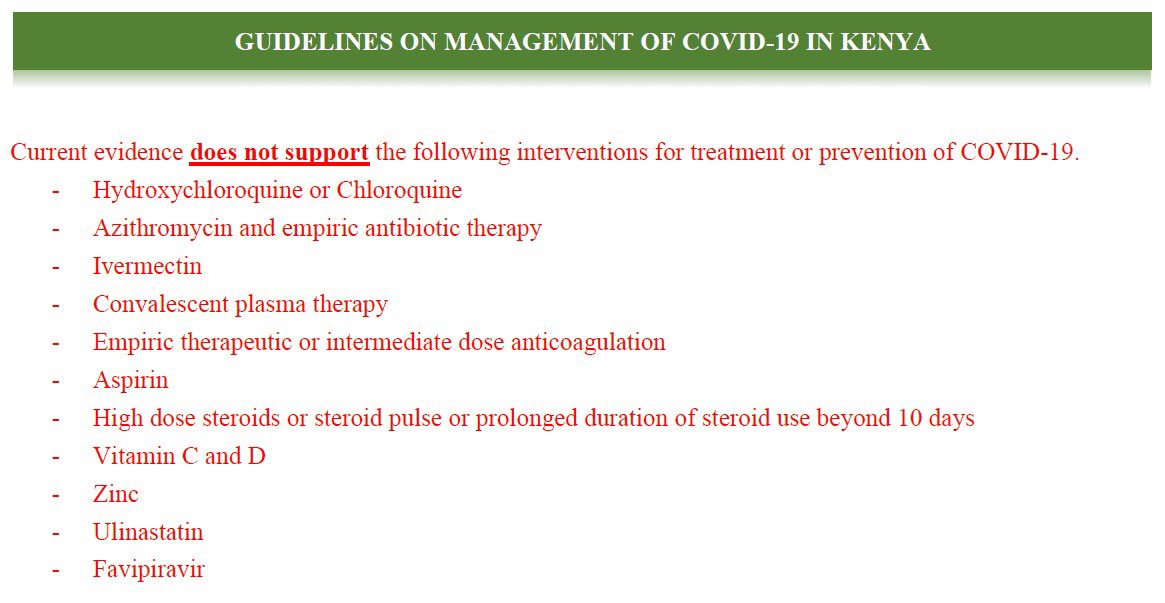 DrElijahMatolo's tweet photo. Current evidence does NOT support use of the following drugs in prevention or treatment of COVID-19:

1. Azithromycin
2. Zinc
3. Vitamin C
4. Vitamin D
5. Ivermectin

See full list below…

Source: Guidelines on Case Management of COVID-19 in Kenya 2021 https://t.co/2WVDcvmNE2