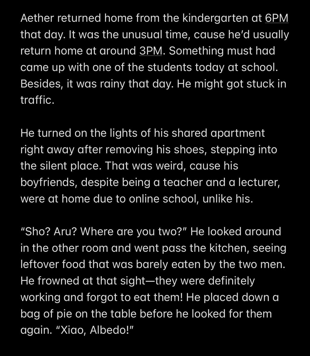 spicyttofu's tweet photo. [ h-11 ] #shiyixmascd / #xiaobether 

Kindergarten teacher Aether taking care of HS teacher Xiao and uni lecturer Albedo.. 

(1/2) https://t.co/H3YN0JxdWR