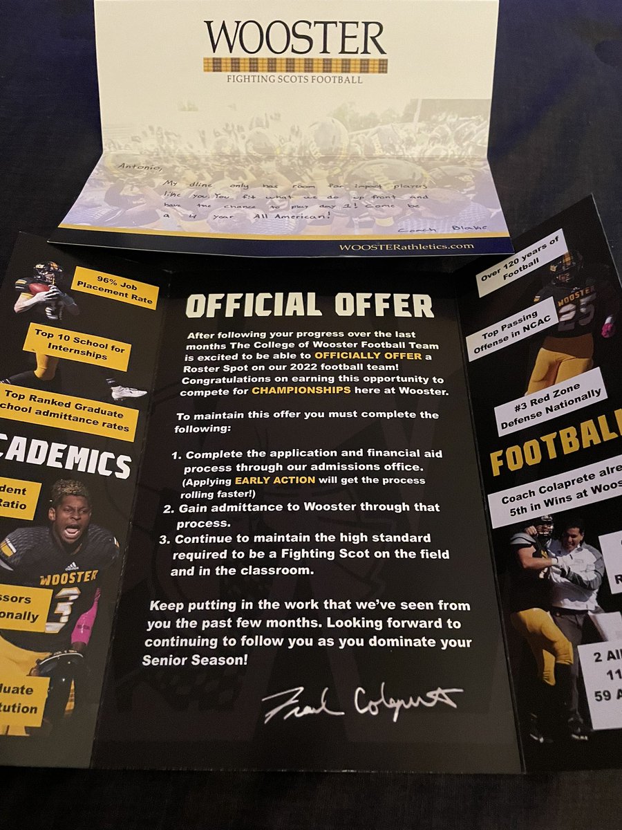 After a conversation with coach @CO_JWilliams11 and receiving a letter from coach <a href="/Aeonblake12/">Aeon A Blake</a> I am blessed to receive an official offer from <a href="/WoosterSports/">Wooster Fighting Scots</a> <a href="/Coach_Colaprete/">Frank Colaprete</a> <a href="/RecruitGeorgia/">Recruit Georgia</a> <a href="/RecruitLangston/">Hughes Football</a>