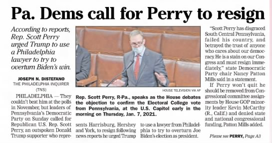 HopesMom12's tweet photo. Dems in PA have been calling for Scott Perry to resign since Jan 2021. Perhaps the rest of us should join in. The US House is no place for those who seek to undermine our electoral process.

CLIPPED FROM
Citizens' Voice
Wilkes-Barre, PA
25 Jan 2021, Mon
Page A1

#PerryResign https://t.co/hpX5e1EYTw