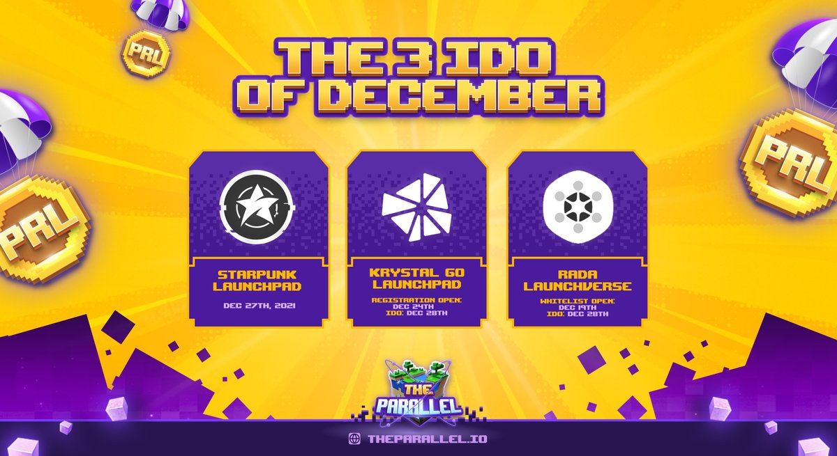 ☢️Brace yourself, because #TheParallel is going to launch IDOs on the 3 reputed Launchpads this December:

🌍<a href="/starpunk_io/">Starpunk Metaverse</a> Launchpad: Dec. 27

🌍@KrystalDefi Launchpad: Dec. 28

🌍<a href="/rada_network/">RADA</a> Launchverse: Dec. 28

#TheParallel #IDO #Metaverse #PRL