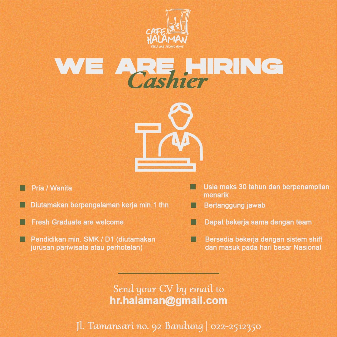 Hi, we hiring cashier dan cook helper

Paling lambat mengirimkan CV hari kamis, 23 Desember 2021