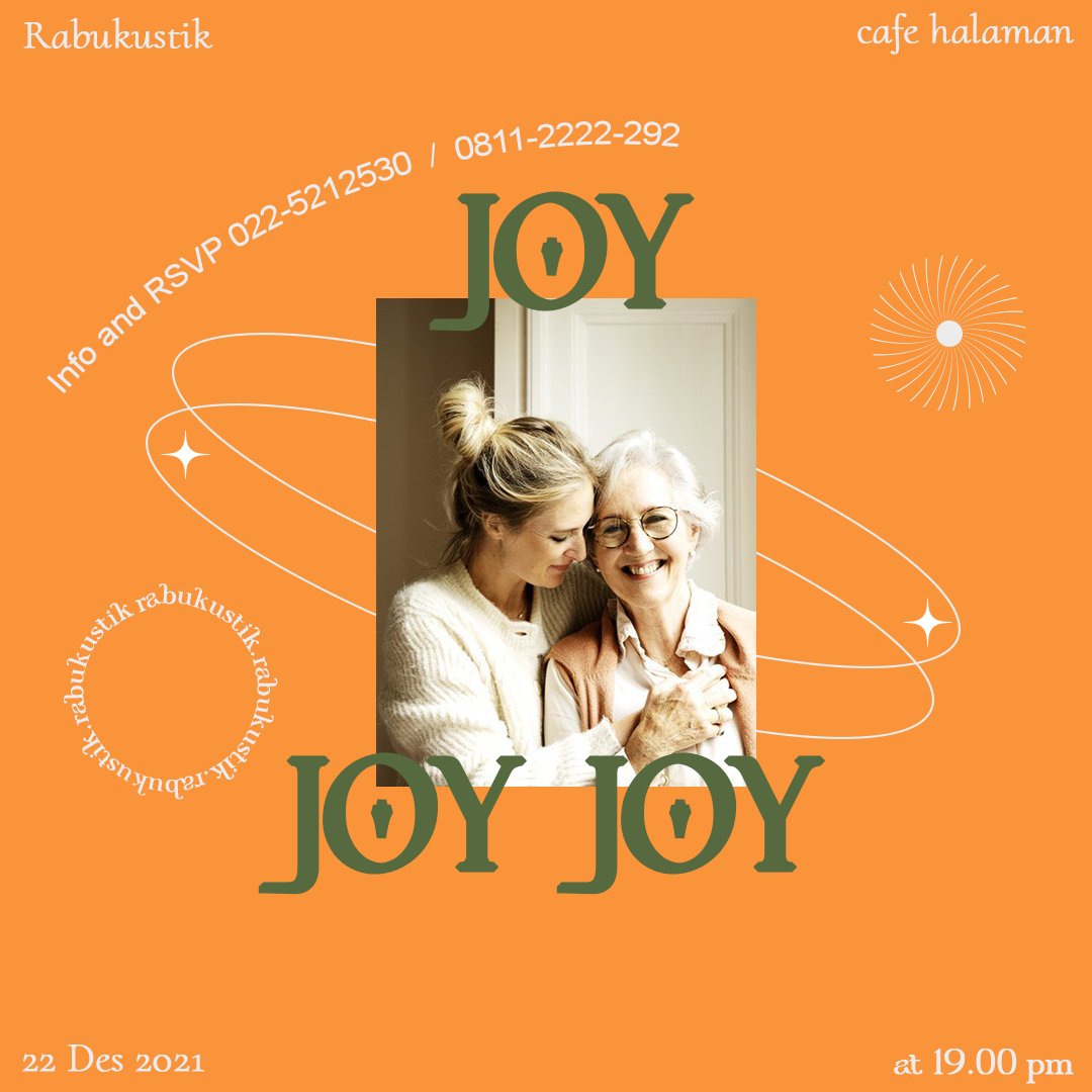 Joy Joy Joy

Rabukustik kembali menemani Rabu Malam teman-teman pada tanggal 22 Desember 2021.

Segera hubungi kami dan nikamti keseruan dan keceriaan Rabukustik!✨