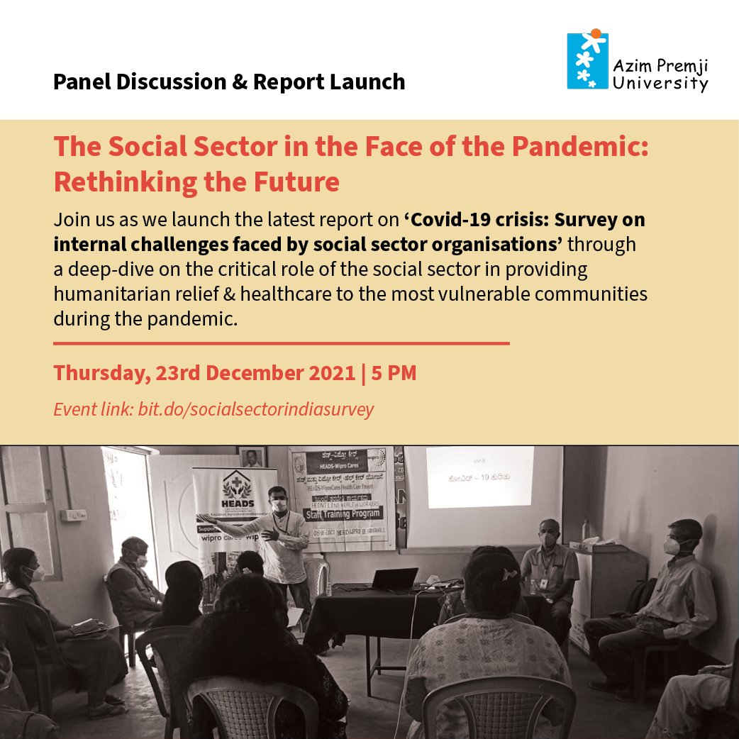 azimpremjiuniv's tweet photo. Join us for an engaging discussion on how the social sector in India has coped with the Covid-19 pandemic and the lessons learnt. The discussion will air live on Azim Premji University YouTube Channel on December 23, at 5 PM.

The link for the event: https://t.co/Q8g5dwFJVq https://t.co/V9kr9enouJ