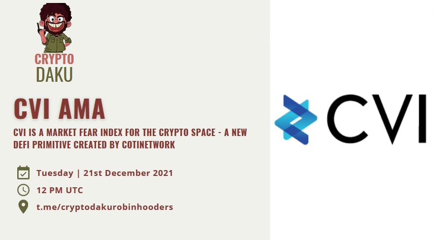 official_CVI's tweet photo. LIVE AMA! Our CVI team will be hosted by Crypto Daku, come join us!

When  👉 Today, December 21th, at 12 pm UTC
Where 👉 https://t.co/3oLAJF4hra

$GOVI @CryptoDaku_ https://t.co/bOFFIkQ39E
