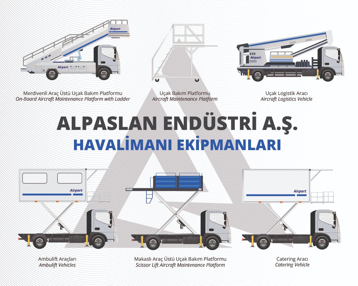 ALPASLAN ENDÜSTRİ İÇ ve DIŞ TİCARET A.Ş

•Uçak Lojistik-Transfer Araçları
•Uçak İkram Araçları
•Uçak Ambulift Araçları
•Merdivenler
•Uçak Bakım Platformları

ADRES: Cihangir Mah. Şht. Zafer KIZILTAŞ Sok. No:2 Avcılar/İSTANBUL