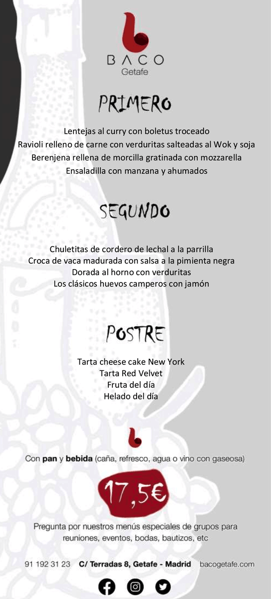 Decidir que platos vas a comer hoy, no es tarea fácil, pero no te preocupes ¡¡Están todos deliciosos!!😍. Ven a Baco y disfruta de un #menudeldia de 💯

#bacogetafe #restaurantesgetafe #restaurantemenu