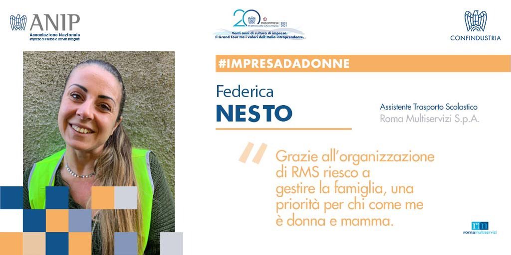 ANIP_it's tweet photo. Federica Nesto, Assistente Trasporto Scolastico per Roma Multiservizi S.p.A: “Lavorare in RMS è un’opportunità, soprattutto per noi donne-mamme che possiamo vedere e prenderci cura dell’ambiente scolastico in cui trascorrono i loro anni più belli i nostri figli”. #ImpresaDaDonne https://t.co/8Ng0pKVaxJ