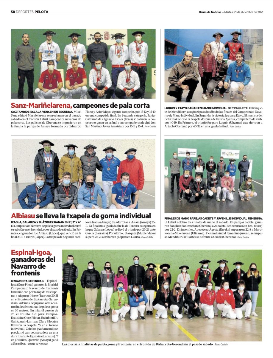 🗞️La sección de Deportes de <a href="/NoticiasNavarra/">Diario de Noticias</a> se colma hoy de txapelas con los podios de las finales de los JDN y CNC (trinquete, F30M y F36M) celebradas el pasado fin de semana

🥳 Zorionak txapeldun guztiei!

<a href="/deporte_na/">Deporte - Kirola</a>
#pelotavasca #eskupilota