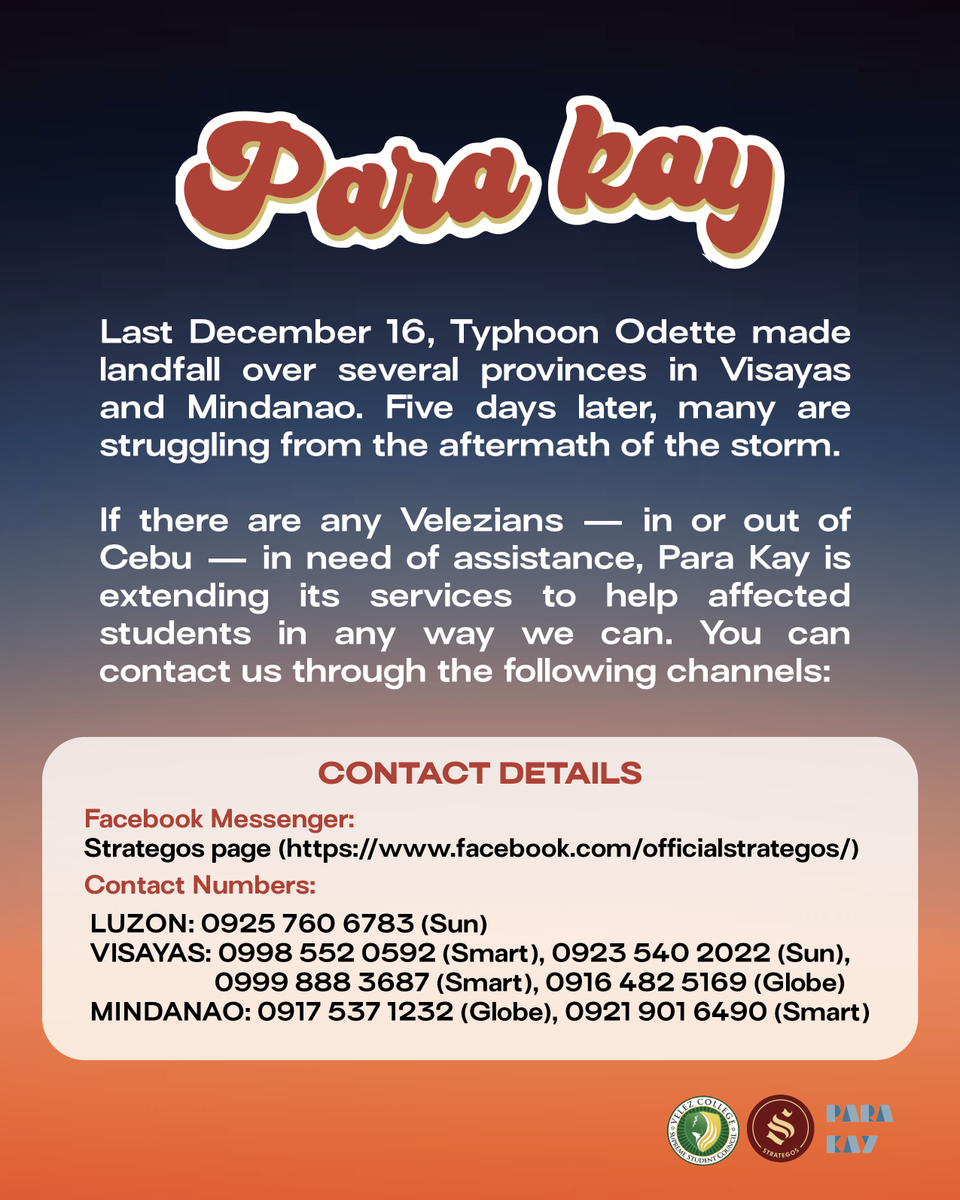 official_strat's tweet photo. Last December 16, Typhoon Odette made landfall over several provinces in Visayas and Mindanao. If there are any Velezians — in or out of Cebu — in need of assistance, Para Kay is extending its services to help affected students in any way we can. https://t.co/thkM89OddY