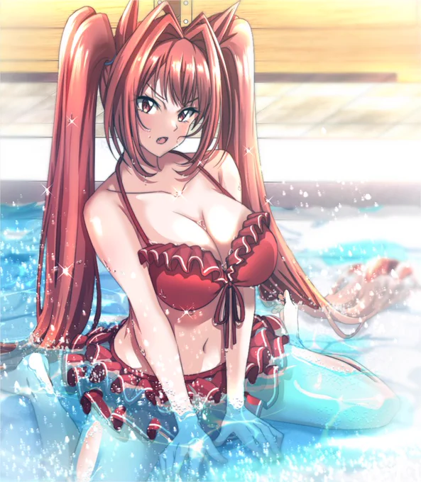> ビキニ水着のダイワスカーレットをお願い致します。(※トレーナーと温水プールに行った設定でお願い致します。)  多分温水プールじゃない…サーセン…。ウマ娘キャラ久しぶりに描いたけど難しいね～。 