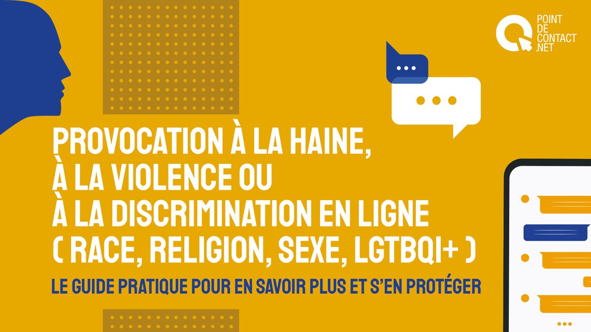 [#HaineEnLigne] 
📲👀Tu as déjà vu des gens se faire insulter sur Internet à cause de leur couleur de peau, religion, sexe ou orientation sexuelle ? 
✋ Pour mettre fin à ces situations illégales, découvre notre guide pratique dédié ➡️ bit.ly/31z6OP7