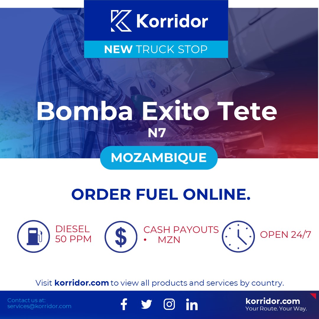 Order Fuel online with Korridor at Bomba Exito, N7, Tete, Mozambique.
#Technology #Logistics #Transport #Transportation #Freight #FleetManagement