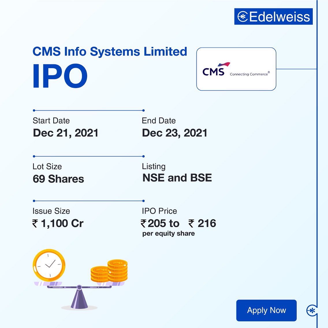 Nuvama_Wealth's tweet photo. CMS Info Systems Limited IPO is launched! You can apply for the IPO through our Edelweiss Mobile Trader app and pay directly through UPI. To apply click https://t.co/fayPZlGM2A
.
.
.
#IPO #IPOAlerts #applynow #Edelweiss #WealthManagement #CMS #InfoSystems https://t.co/JMct5WwS4n