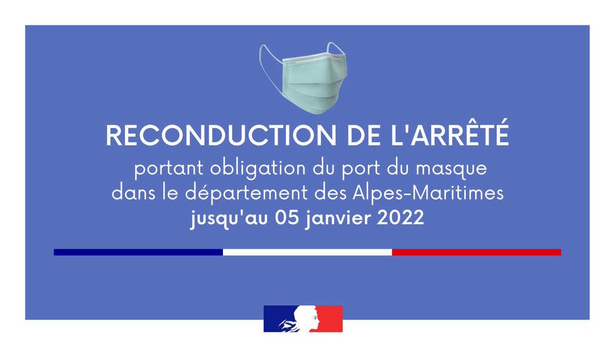 ℹ️ Reconduction de l'arrêté préfectoral fixant les modalités d'application de l'obligation du port du masque dans les Alpes-Maritimes😷
Pour en savoir plus, c'est par ici⤵
bit.ly/3qhwqrU
