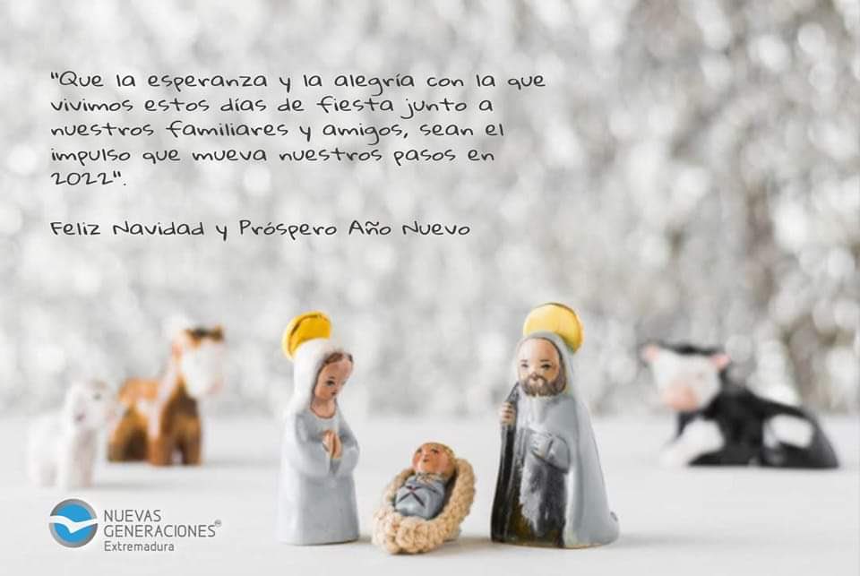 NNGGExtremadura's tweet photo. "Que la esperanza y la alegría con la que vivimos estos días de fiesta junto a nuestros familiares y amigos, sean el impulso que mueva nuestros pasos en 2022".
Feliz Navidad y Próspero Año Nuevo. https://t.co/3bnbJ5EJwY