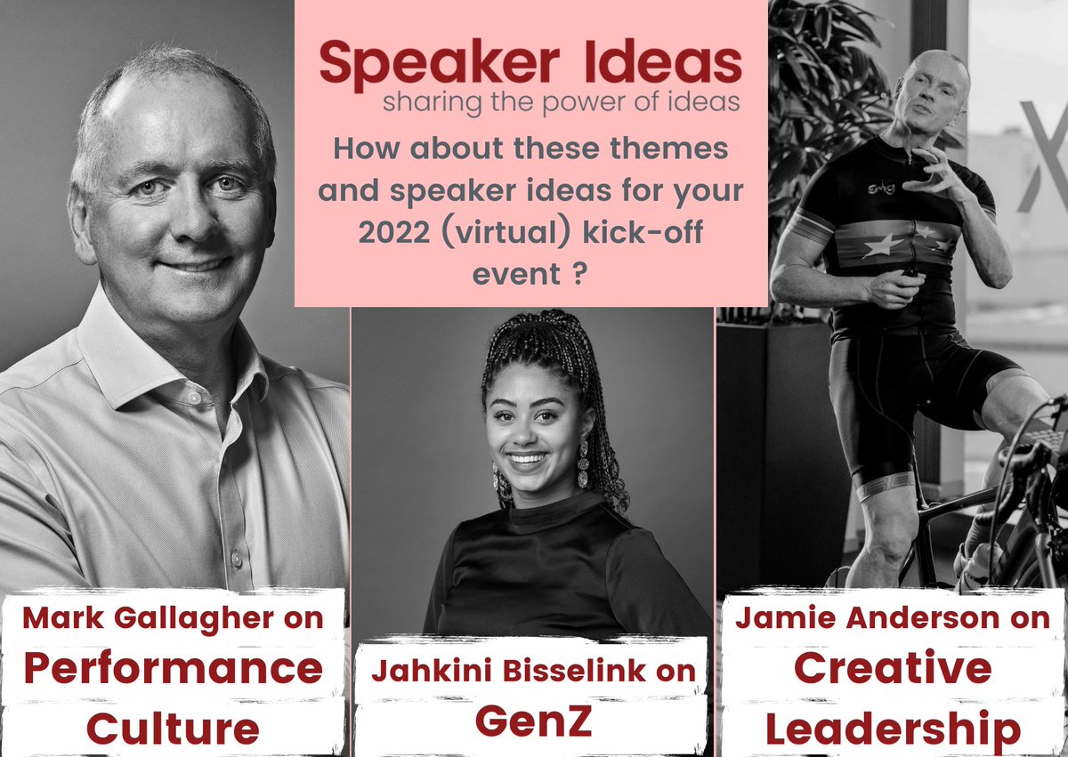 speakerideas's tweet image. Are you looking for #inspiration for your 2022 #kickoffevents?

We love to work with @_markgallagher on Performance Culture, @JahkiniVN on GenZ and @JamieAndersonBE on Creative Leadership.

#performanceculture #GenZ #creativeleadership #speakerideas #virtualspeakers #Keynote