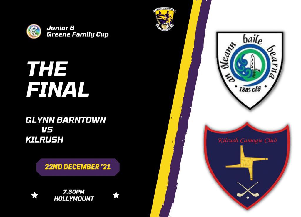 It’s the Junior B Final Replay!!
<a href="/Glynnbarntown2/">Official GlynnBarntown GAA</a> v <a href="/KilrushCamogie/">Kilrush Camogie Club</a> 
📍 St. Ibars/Shelmaliers Hollymount
🗓 Wednesday 22nd December 
🕢 19:30
📺 youtube.com/c/WexfordCamog… 
🎙 Tom Dempsey (Glynn/Barntown) &amp; Noel MacSweeney (Kilrush)
#wexford #camogie #juniorb #club #final