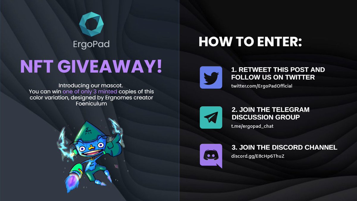 ErgoPadOfficial's tweet photo. 🤩NFT CONTEST!!🤯

Own a very rare (only 3 minted in this color) ErgoPad @ERGnomes NFT!!! 

To enter:
1. Retweet and follow us
2. Join our telegram 👉 https://t.co/r3JZOV0596
3. Join our discord 👉https://t.co/Bu4ieu8ML4

The drawing will be on 26 Dec!
#Ergo #NFTs #Ergonauts https://t.co/ffBRwJ8lOT