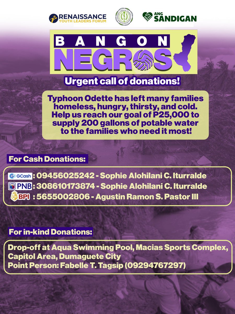 sumsa_ofc's tweet photo. URGENT CALL FOR DONATIONS!!

Bagyong Odette has hit Negros Oriental hard, many lives were lost and hundreds of families were displaced without shelter, food or water.— https://t.co/HYJ3BgUHQl