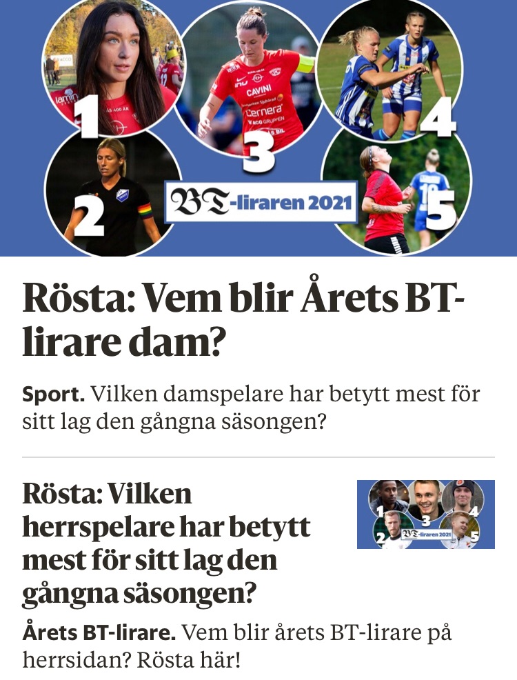 Årets BT-lirare: Juryn har nominerat fem spelare på damsidan bt.se/sport/rosta-ve… och lika många på herrsidan bt.se/sport/rosta-ve…. In och rösta nu!