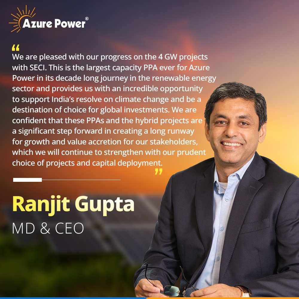 AzurePowerSolar's tweet image. #AzurePower signed its largest ever Power Purchase Agreement (PPA) with Solar Energy Corporation of India (@SECI_Ltd) for a capacity of 2,333 MW of ISTS connected #solarpowerprojects under the 4 GW manufacturing linked projects.

Know more: bit.ly/33DEVpv