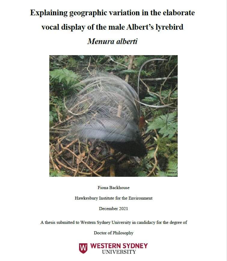 Fiona Backhouse (@fiona_backhouse) on Twitter photo Last week I submitted a certain big document on the Albert's lyrebird. Many thanks to <a href="/AnimalEcoLab/">Animal Ecology Lab</a> <a href="/lyrebirdlab/">Lyrebirdlab</a> and the rest of the lab, and <a href="/westsyduhie/">Western Sydney U - HIE</a>, for all the support over the last nearly 4 years. Excited to see where the future takes me now! #PhDone #lyrebird Last week I submitted a certain big document on the Albert's lyrebird. Many thanks to <a href="/AnimalEcoLab/">Animal Ecology Lab</a> <a href="/lyrebirdlab/">Lyrebirdlab</a> and the rest of the lab, and <a href="/westsyduhie/">Western Sydney U - HIE</a>, for all the support over the last nearly 4 years. Excited to see where the future takes me now! #PhDone #lyrebird
