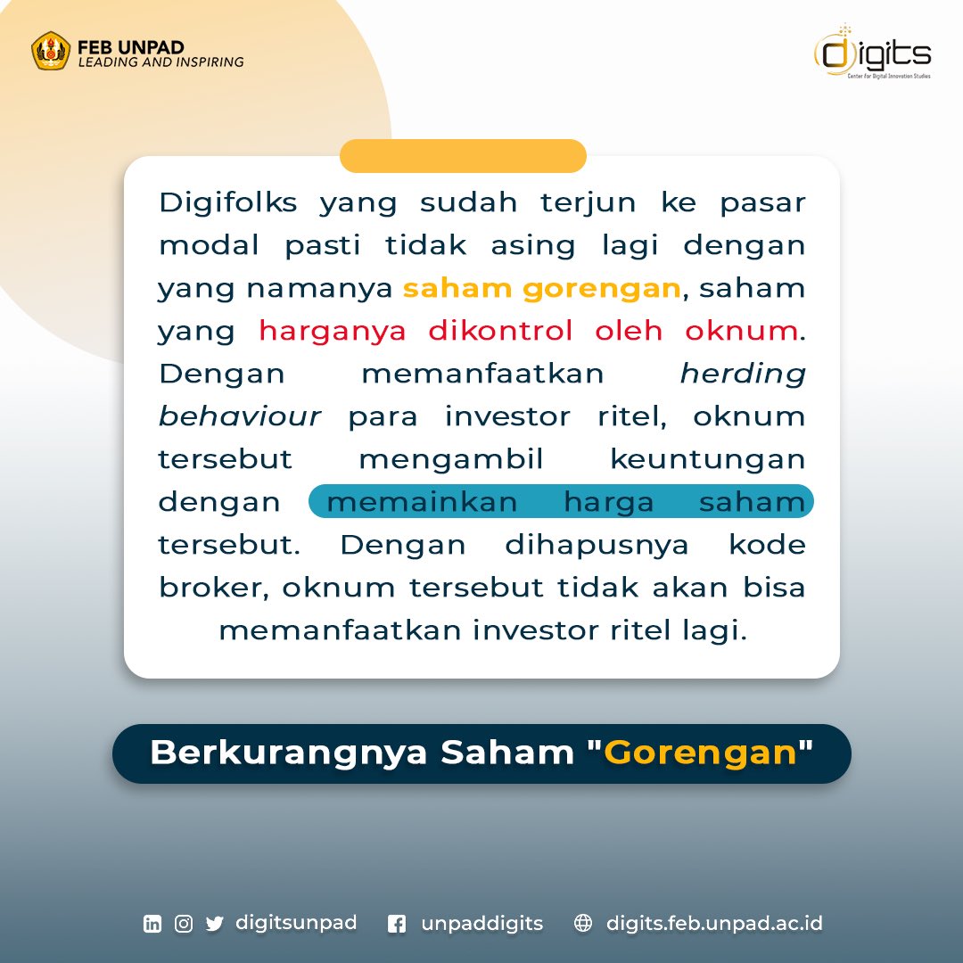 digitsunpad's tweet photo. Namun belakangan ini banyak investor ritel yang ‘join the trend’ untuk membeli saham yang dibeli oleh broker besar🤔

Dan kedepannya saham ‘gorengan’ akan berkurang juga beriringan dengan dihapuskannya kode broker🥶 https://t.co/ga30zQaIko
