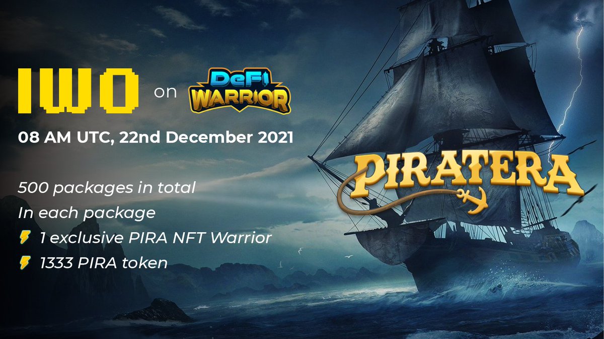 TheMeraGame's tweet image. ⚓️Dance with the waves, move with the sea. Let the rhythm of the water set your soul free 🌊 Get ready for @PirateraBay IWO in #DeFiWarrior! 

🗓 08 AM UTC, 22nd Dec 2021

🎀 Chance to earn more profits when joining this IWO
 
Detail: t.me/defiwarrioroff…

#P2E #Metaverse
