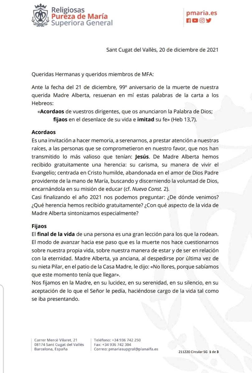 fam_albertiana's tweet photo. Cart de la H.Elisa Anglés,Superiora General de la Congregación,con motivo del aniversario de la partida al cielo de Madre Alberta: https://t.co/F03l6zei6f
