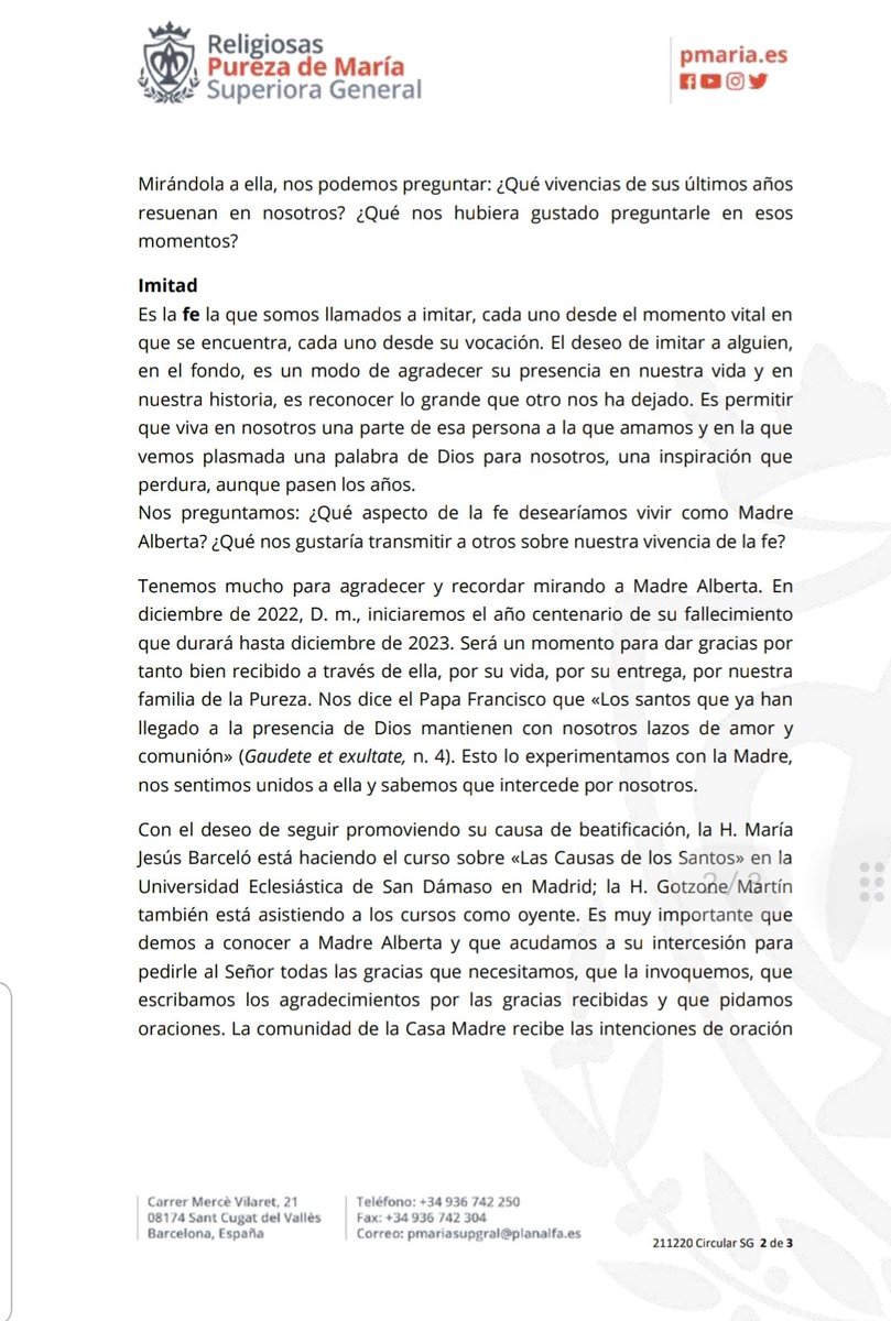 fam_albertiana's tweet photo. Cart de la H.Elisa Anglés,Superiora General de la Congregación,con motivo del aniversario de la partida al cielo de Madre Alberta: https://t.co/F03l6zei6f