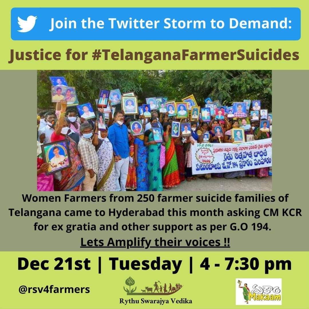 napmindia's tweet photo. Join the #TwitterStorm for Justice for #TelanganaFarmerSuicides on #21stDec from #4pm to 7:30 pm. Spread the word. Demand full implementation of GO 194 &amp; relief to affected families, women farmers. @TelanganaCMO must ensure compensation to all 'farm suicide' families immediately. https://t.co/zgXW6vHOoZ
