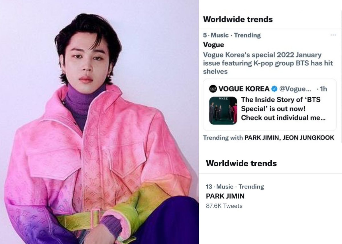 Jimin Global on X: [TRENDS] PARK JIMIN was trending worldwide at no. 5  with Vogue and as separate at no. 13 after the release of Jimin's Vogue  Inside Story.  / X