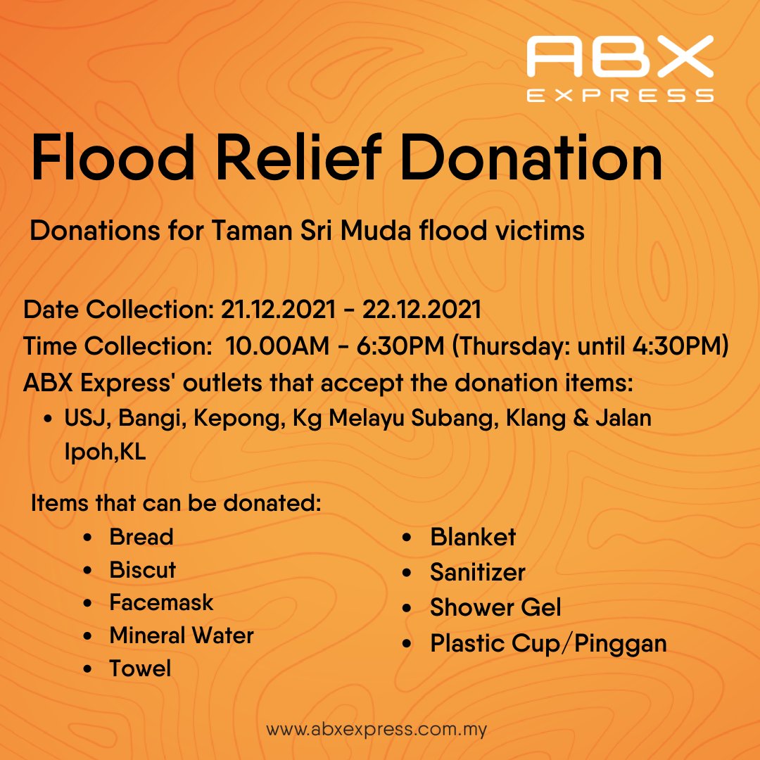 anyabaharuddin's tweet photo. ABX Express tengah collect donation for mangsa banjir Taman Sri Muda. Sesiapa yang nak derma, boleh pergi ke 6 lokasi outlet mereka. 

Amek from their official IG: abxexpressmy

#TamanSriMuda #banjir #DaruratBanjir #bantuanbanjir https://t.co/tO7p0mj2CU