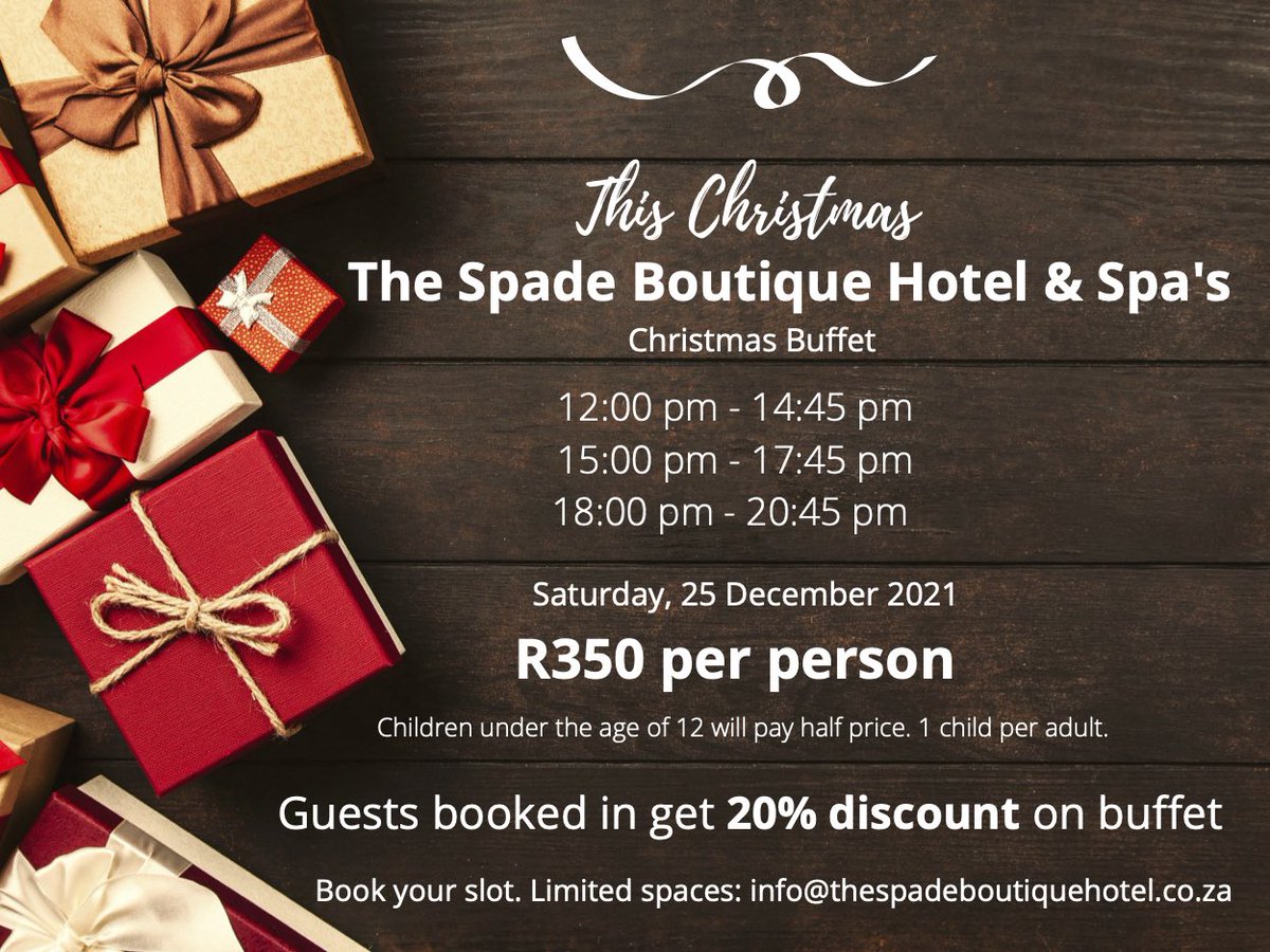 TheSpadeHotel's tweet photo. From us with love, come enjoy our first Christmas with your family &amp; friends at our hotel. For bookings or enquiries contact 021 285 0445 or email info@thespadeboutiquehotel.co.za. 
NB: Bookings are on a first come basis and are by reservations only.T&amp;C apply. https://t.co/nSR9wcFRjF