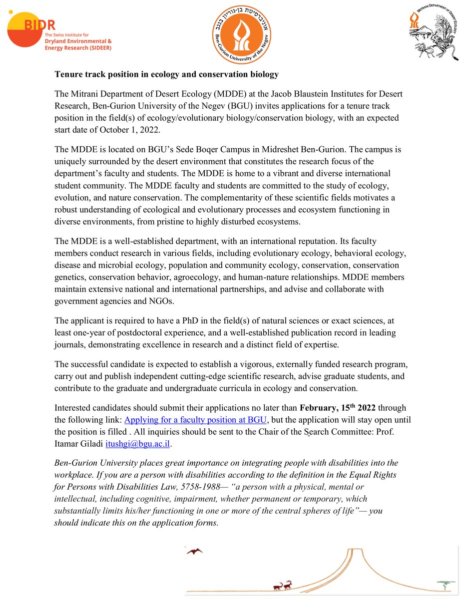 mddeBGU's tweet photo. #Tenure_track position The Mitrani Department of Desert Ecology @mddeBGU @bidrBGU
Open for experts in #ecology #evolutionary_biology #conservation_biology
For details contact @Itamar_Giladi: itushgi@bgu.ac.il
Apply here: https://t.co/aD2KL1m4Po
Please RT https://t.co/Dj9x0ONu0d