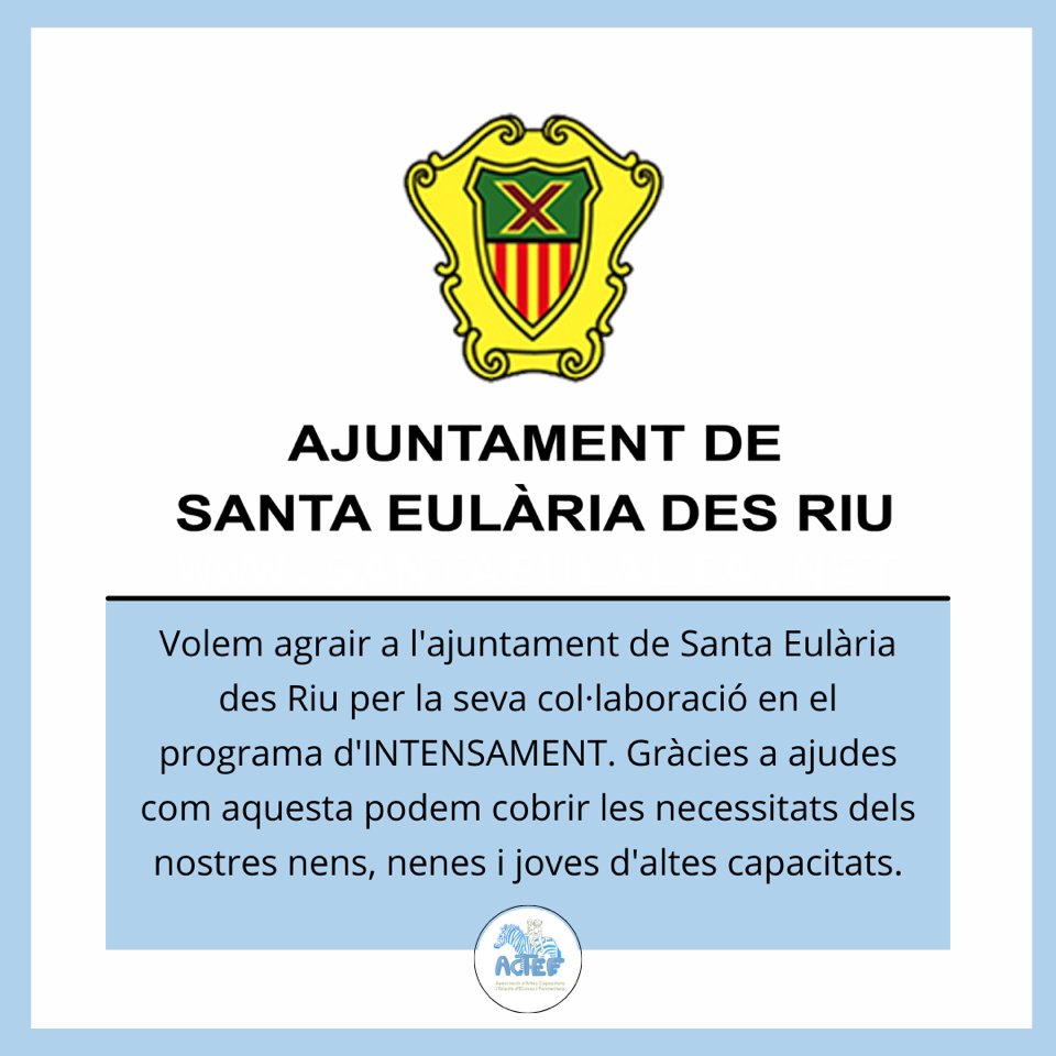 actef_eivissa's tweet photo. Volen agrair a l'ajuntament de @Santa_Eularia la seva col·laboració en el programa INTENSAMENT🙏🏼 Gràcies a ajudes com aquesta podem cobrir les necessitats dels nostres nens, nenes i joves d'altes capacitats.
#aacc #eltalentoes #AltasCapacidades #ayuda #SantaEularia #actef https://t.co/QYnmPYWAvM