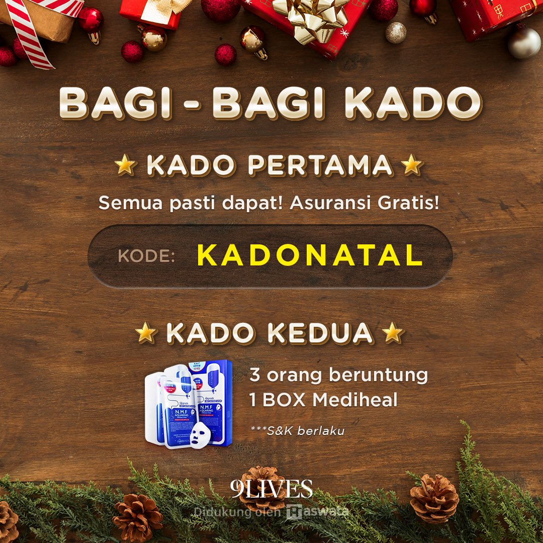 9LivesID's tweet photo. Woohoo~ Christmas is coming! 🎄🎅

Ayo bersiapp! Mimin akan berbagi suka cita ke Teman 9LIVES! Asuransi GRATIS untuk semua dan Mediheal masing-masing 1 box untuk 3 orang beruntung🎁

Kunjungi IG @9lives_indonesia atau Klik link di bawah untuk ikutan: 

https://t.co/4UJhe5Nec2 https://t.co/3C2QVyxTkc