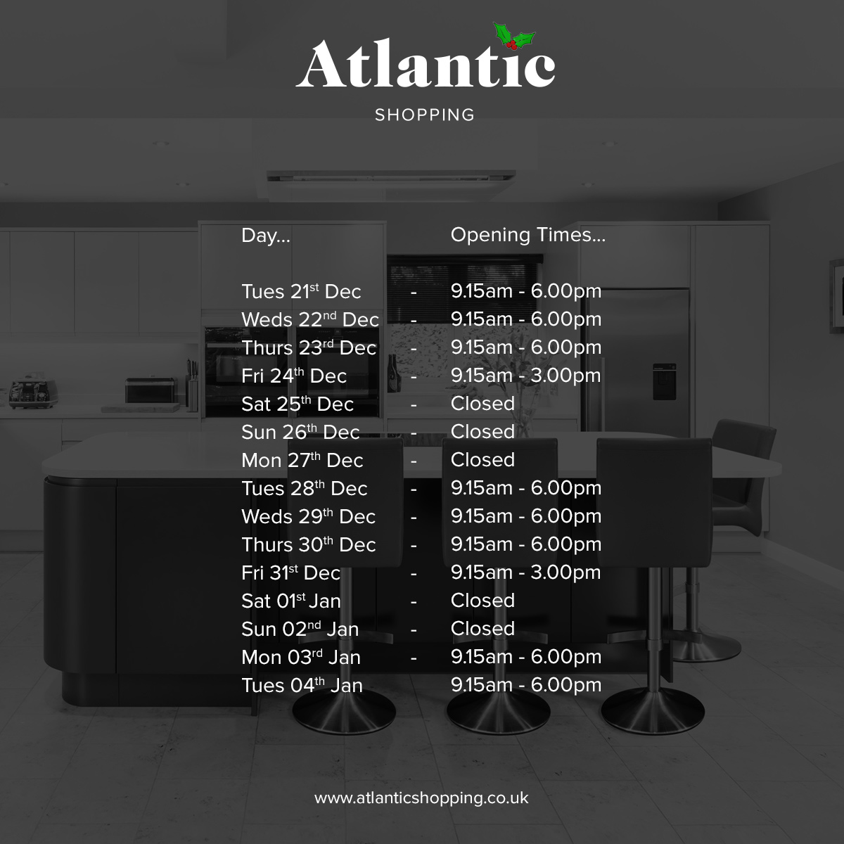 AtlanticShop's tweet photo. Thinking of giving us a call or getting in touch over Christmas!? Make sure you check out our opening times above! We look forward to hearing from you!

#atlanticshopping #barstools #diningchairs #christmas#christmasopeningtimes #openingtimes https://t.co/T9xUUmEsYR