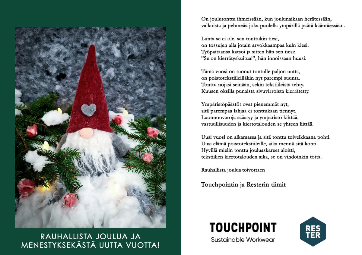 Touchpoint_FI's tweet photo. Hyvän joulun toivotuksin!
 Touchpointin ja @OyRester  tiimit 🤶🎅🎄 https://t.co/H0182nGAxl