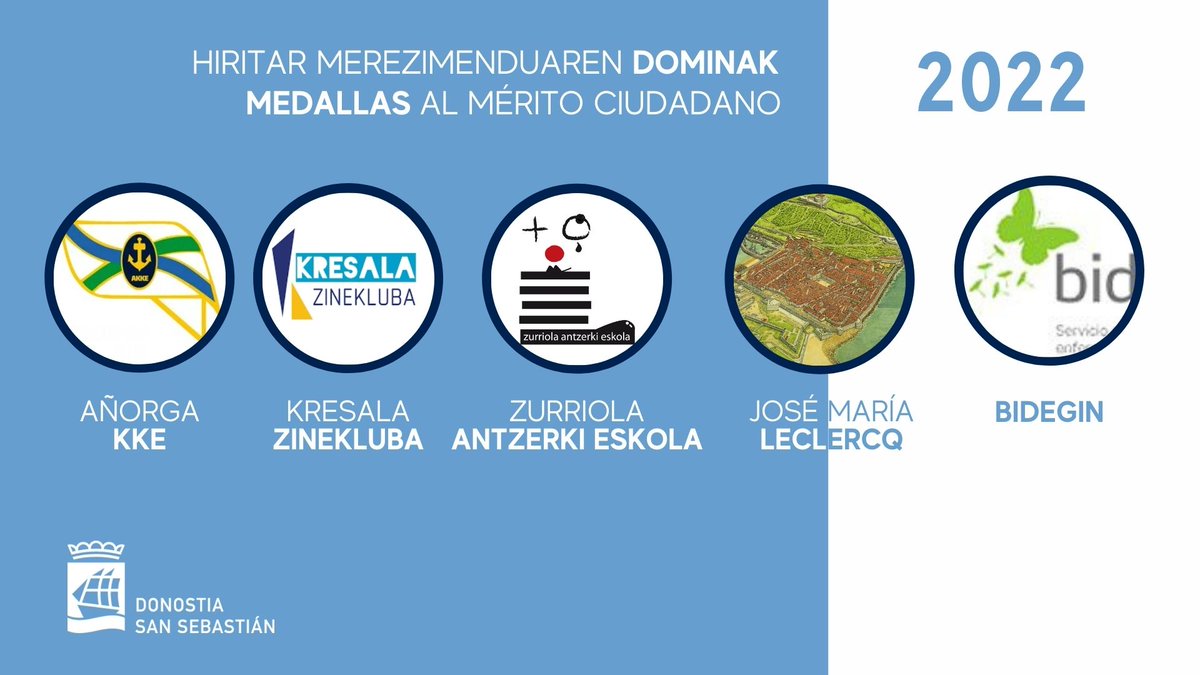 DonostiakoUdala's tweet photo. 🏅 Herritar Merezimenduaren #Dominak 2022
Añorga KKE
Kresala Zinekluba
Zurriola Antzerki eskola
José María Leclercq
Bidegin
Zorionak guztiei!
▶ https://t.co/y3Y9RBQdtE

#Donostia #SanSebastian https://t.co/rwNhFrM9KZ