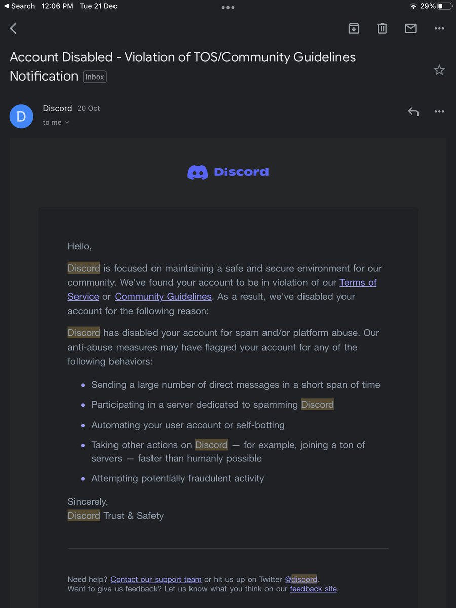 OsamaSam0's tweet photo. Hey @discord I’m wondering what I did wrong and why I got banned because I sure you I did nothing wrong pls check with the trust and safety team. https://t.co/A8y2PTxsU2