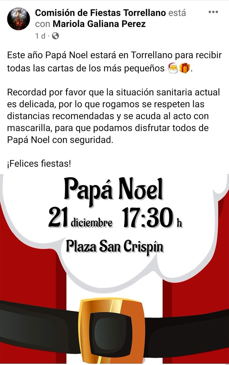 ETorrellano's tweet photo. PAPA NOEL LLEGA A TORRELLANO. A las 17:30 en la Plaza San Crispín es la cita. @TorrellanoHC @lapaztorrellano @CeipAntonioM @actorrellano @LaBodga @Torrellano_ @OPTorrellano @FTorrellano @fisiobrotons @Mi_repuesto https://t.co/jcjBpeXZFa