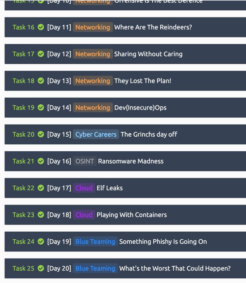 kusuwada's tweet image. TryHackMeのAdvent of Cyber、Day20まで来た！これまでWeb, Network, キャリア診断, OSINT, Cloud, フィッシング関連 と入門しやすいジャンルが続いていてとても楽しい🎄クリスマス気分も味わえて一石二鳥✌️今の所一番のネックは英語…(꒪⌓꒪)
#tryhackme #adventofcyber2021
tryhackme.com/christmas