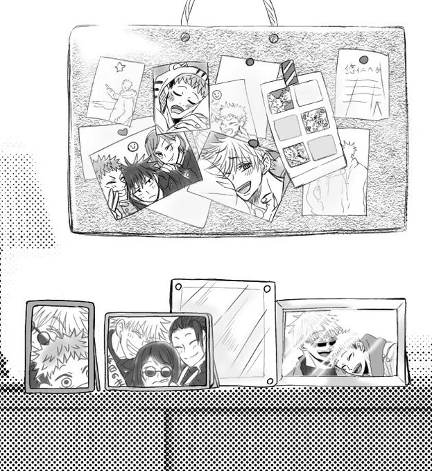 セリフやらなんやらで潰れちゃった写真のとこ〜
向かって左の五悠は🐯(6さい)と出会った記念に撮ったやつ。ちびゆじくんの自撮り(5️⃣のガラケー)だから上手く収まってないって言う設定がムダにある。
ゆじくんは小さい頃に会った兄ちゃん=5️⃣って言う認識がまだないから、この写真も自分だと思ってない 