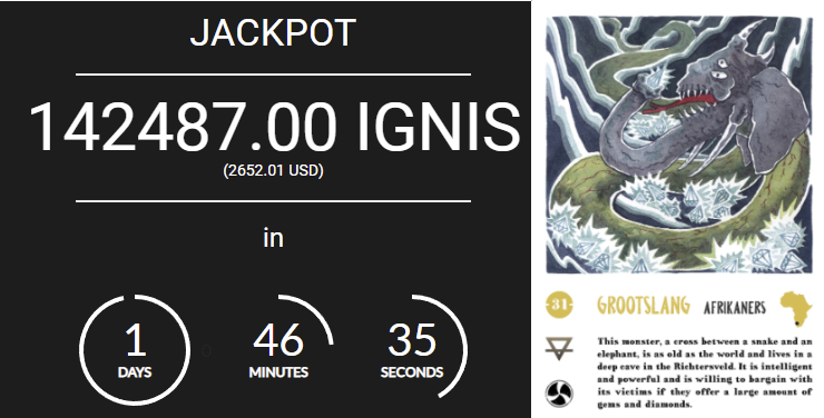 The #MythicalBeings jackpot has increased massively in the last few hours. 1 day left to claim a share of the jackpot and get a chance at a #Grootslang #P2E #NFTGame $ARDR $IGNIS