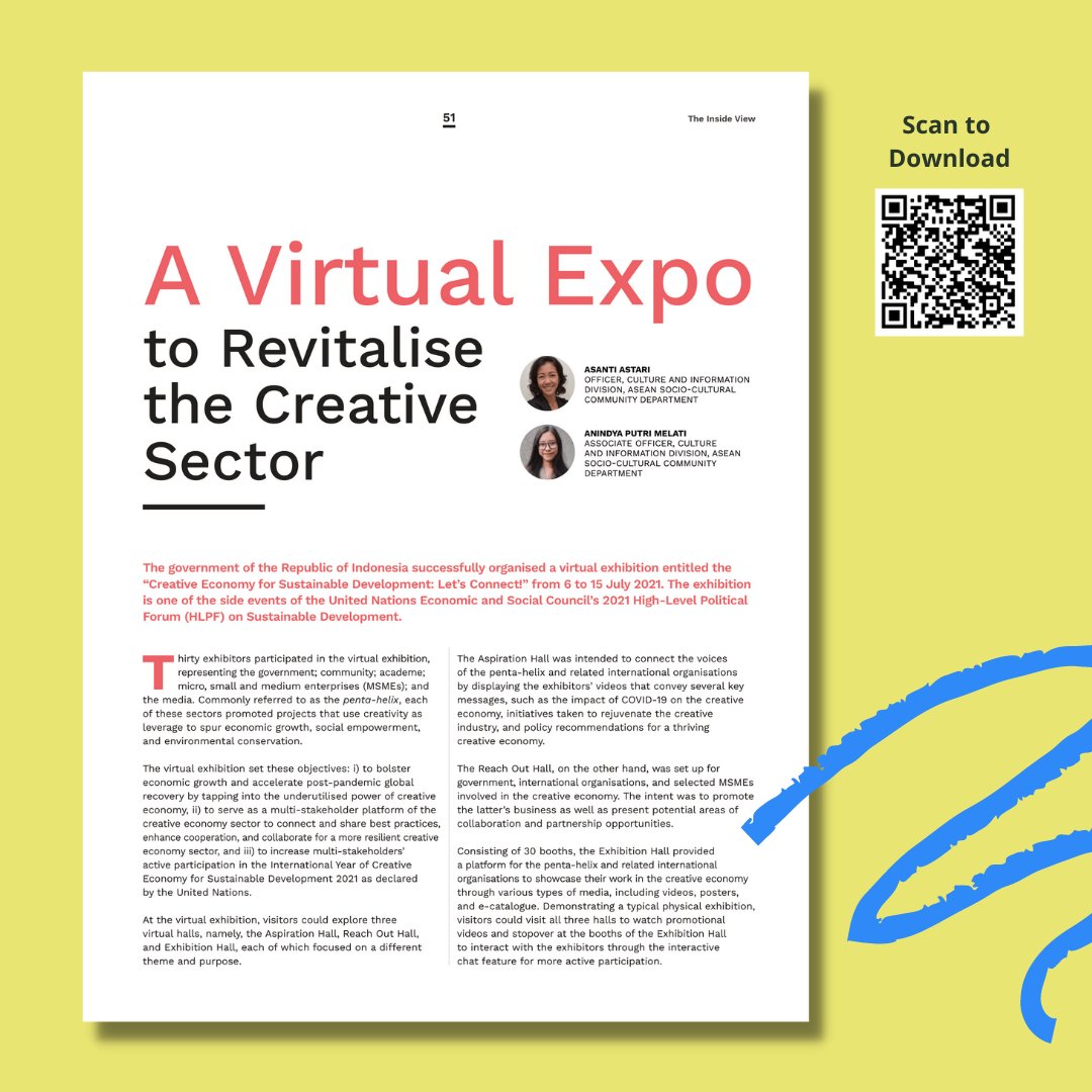 aseancoci's tweet photo. In July 2021, Indonesia successfully organised the virtual international exhibition "Creative Economy for Sustainable Development: Let’s Connect!".
Read more about the virtual exhibition here @asean_magazine: https://t.co/urNNugvvR5
#TheASEANmagazine #CreativeEconomy https://t.co/RkS1N35z1y