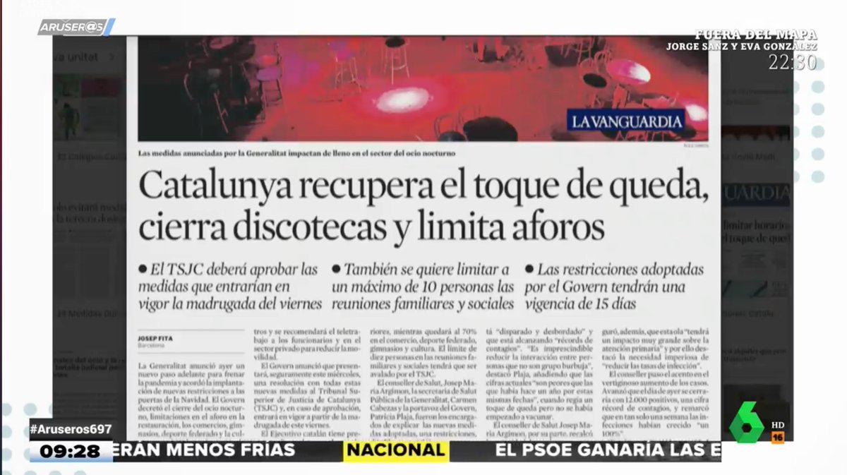 AruserosLaSexta's tweet photo. 🔴 ¿Las restricciones en Cataluña han llegado demasiado tarde? ¿Dejan poco margen de actuación a los hosteleros y a las empresas culturales? #Aruseros697 https://t.co/xkfu6dBpZO